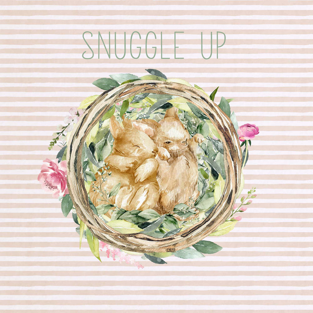 snuggle up, peach, light pink, sage, green, stripped, wall decor, art, bunny, bunnies, sleeping animals, animals in nests