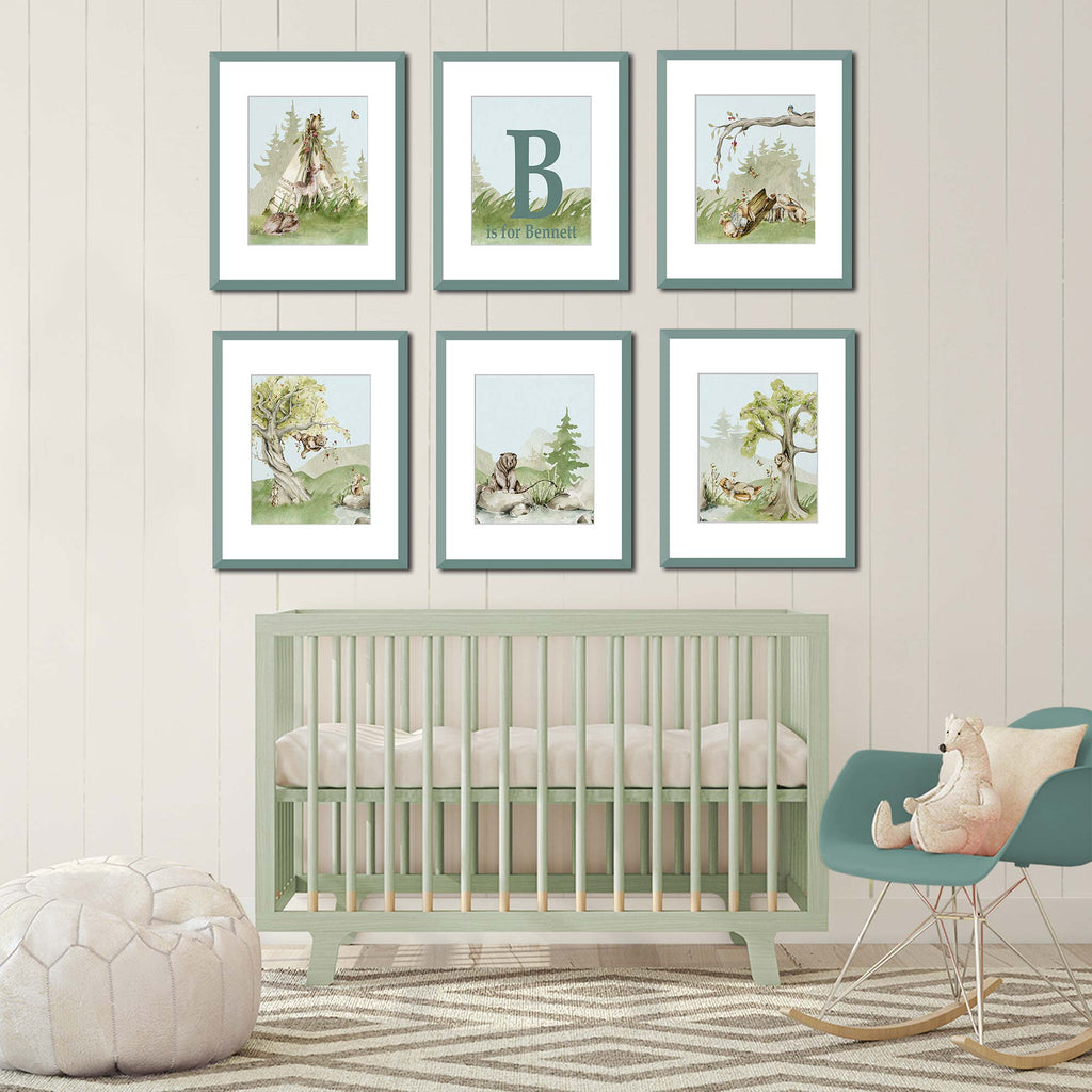 personalized, baby name, woodland, forest, nursery art, print set