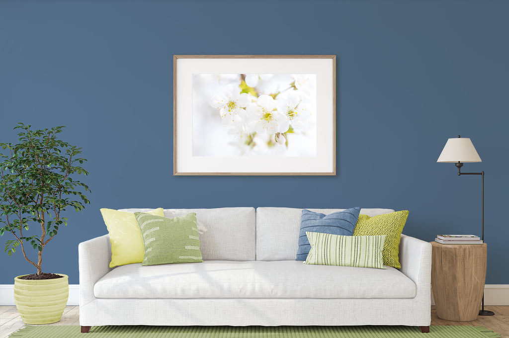 Behr Laguna blue, Sherwin Williams Denim, living room, blue and green living room, neutral art, white floral art, art above couch