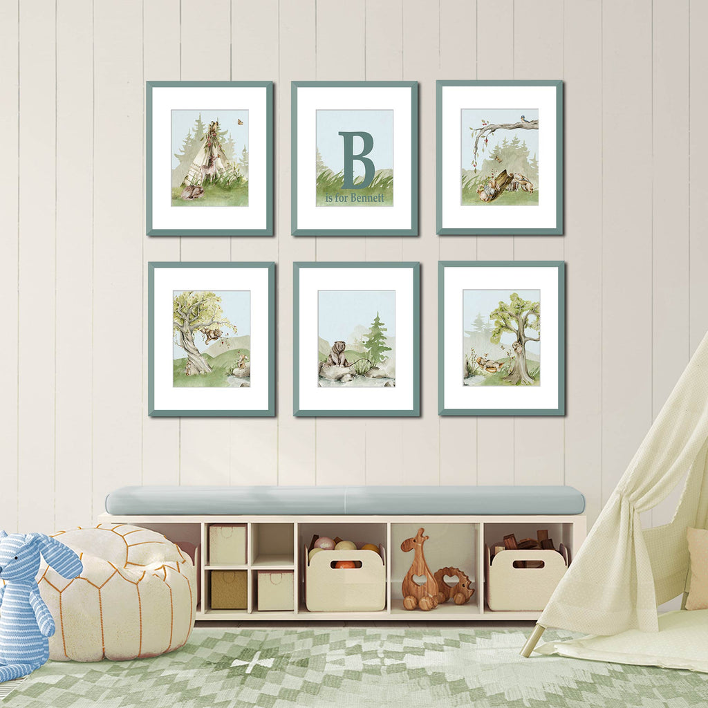 personalized, initial, baby, name, sign, woodland, forest, mountain, theme, playroom, little boys, room, bedroom, print set