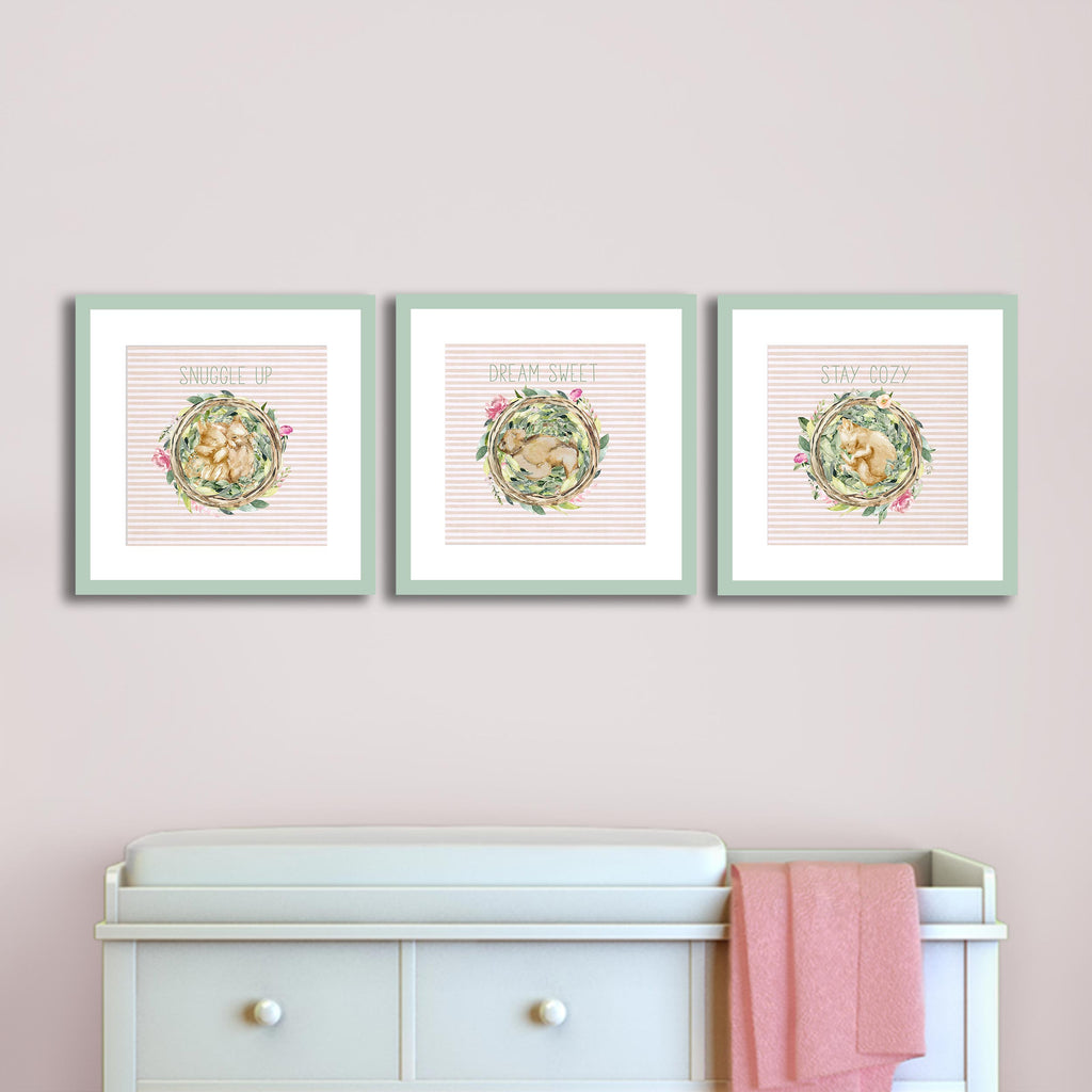 peach, light, pink, sage, green, square, woodland, watercolor, art, print, set of 3, set of three, art over changing table