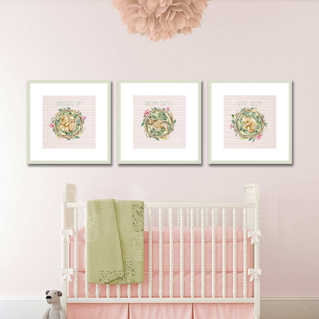 peach, light, pink, sage, green, baby girl nursery, art over crib, woodland animal, print set, wildflowers