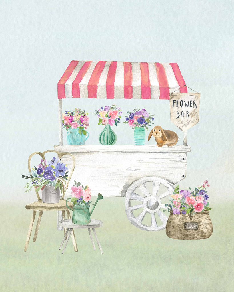 flower market, flower cart, watercolor, French, nursery, little girls room art, bunny, floral, bouquets, wildflowers