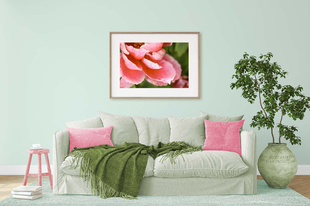 Sherwin Williams Green Trance walls, living room, neutral with a pop of color, green and pink living room, floral art, pink peony photography, art over sofa, artwork above couch, feminine living room