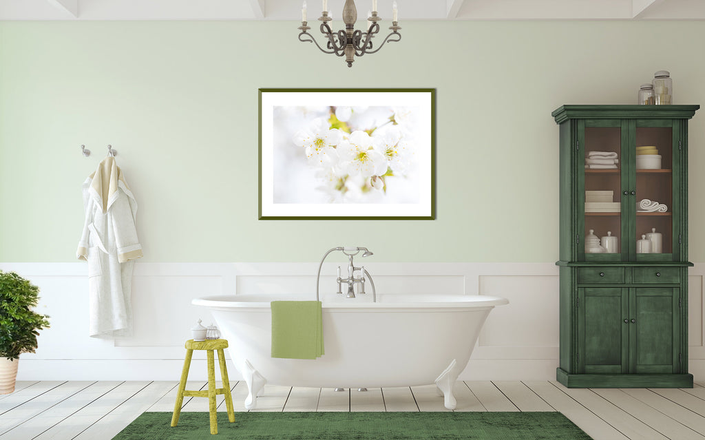 green and white bathroom, farmhouse bathroom, claw foot tub, cottage, floral art