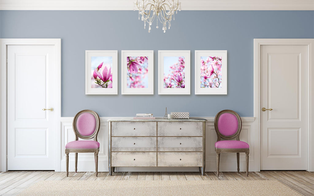 Parisian chic bedroom, purple floral art set bedroom, Sherwin Williams Lakeside, French bedroom ideas, magenta wall art