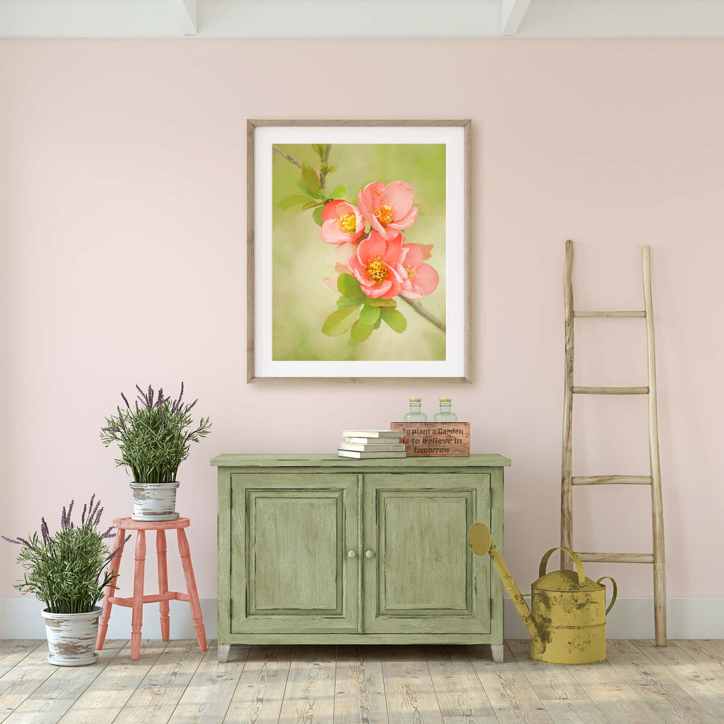 fine art floral artwork, cottagecore entry decor, cottagecore floral art, farmhouse entry art, peach and green entryway decor, shabby chic floral art