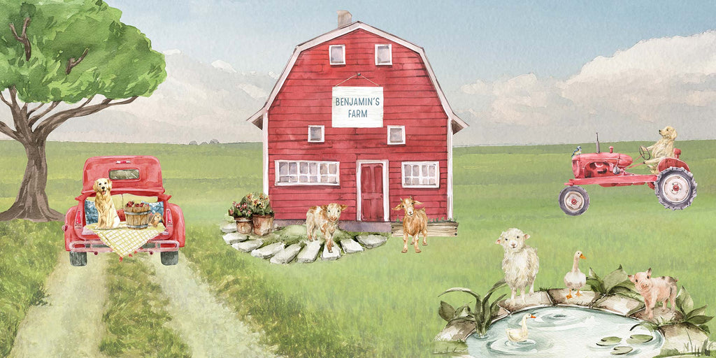farm, farmhouse, landscape, watercolor, vintage, classic, red, pickup truck, dog, golden retriever, red barn, personalized, name sign, calf, goat, lamb, pig, duck, red tractor, farm animals, baby, boy, nursery, toddler, little boy, art print