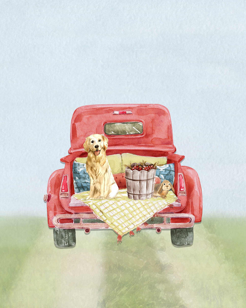 vintage, classic, red, pickup truck, golden retriever, dog, bunny, watercolor, farm art, for boys