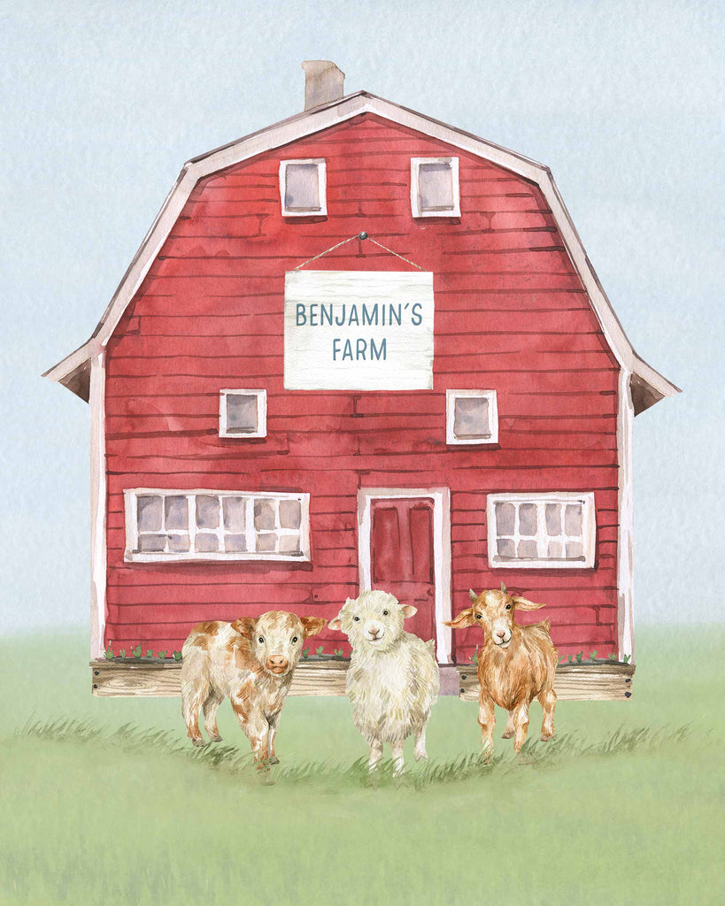 personalized farm art, red barn, farm animals, calf, lamb, goat, baby, boy nursery, toddler, little boy, bedroom, art print set