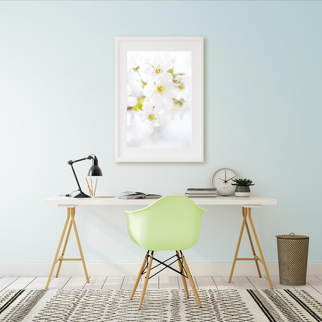 Sherwin Williams Mountain Air, calm, minimalist, home office, study space, neutral with a pop of color, white floral art