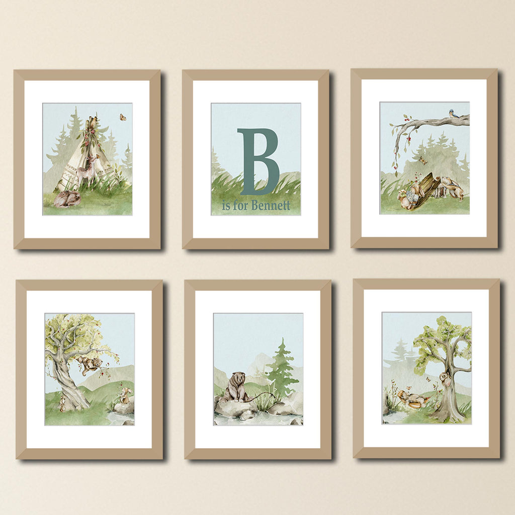 light blue, green, turquoise, Earth tone, tan, brown, color palette, personalized, name, initial, woodland, forest, animal, art, print set, set of 6, watercolor