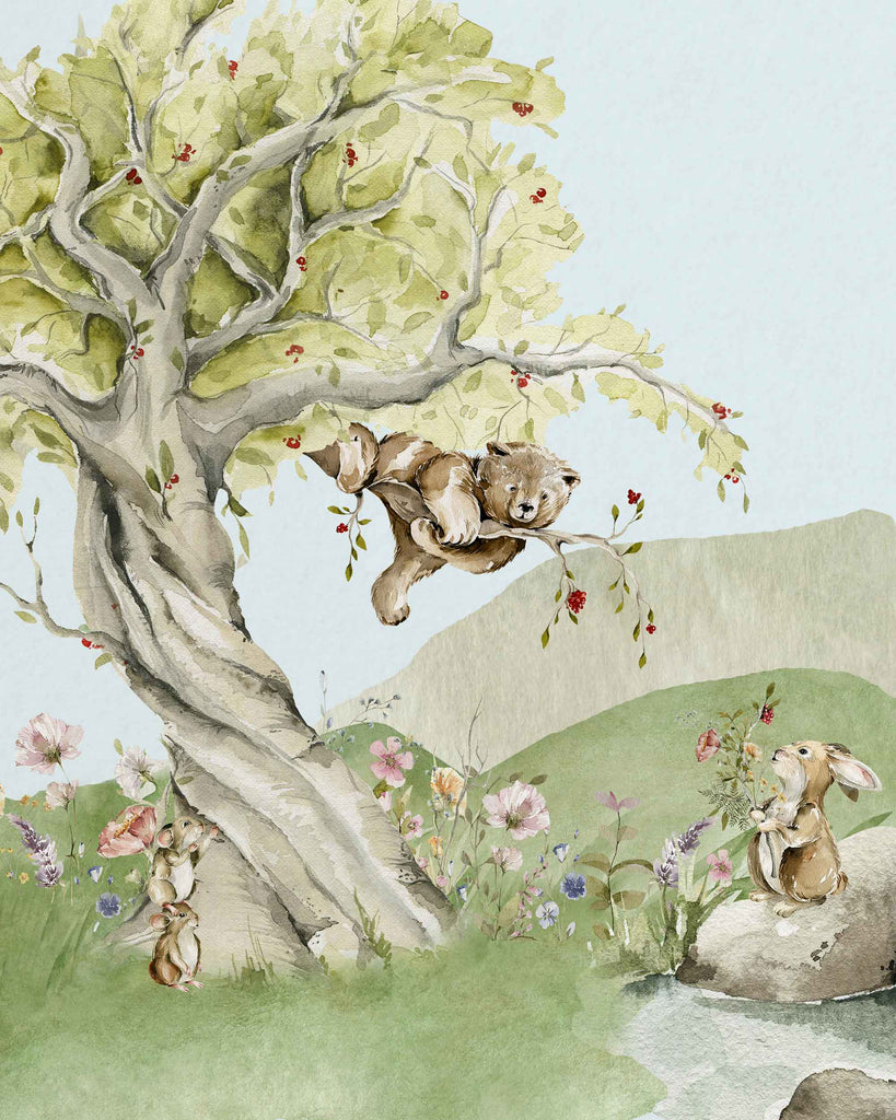 bear, cub, bunny, mice, mouse, wildflowers, woodland, forest, art for girls