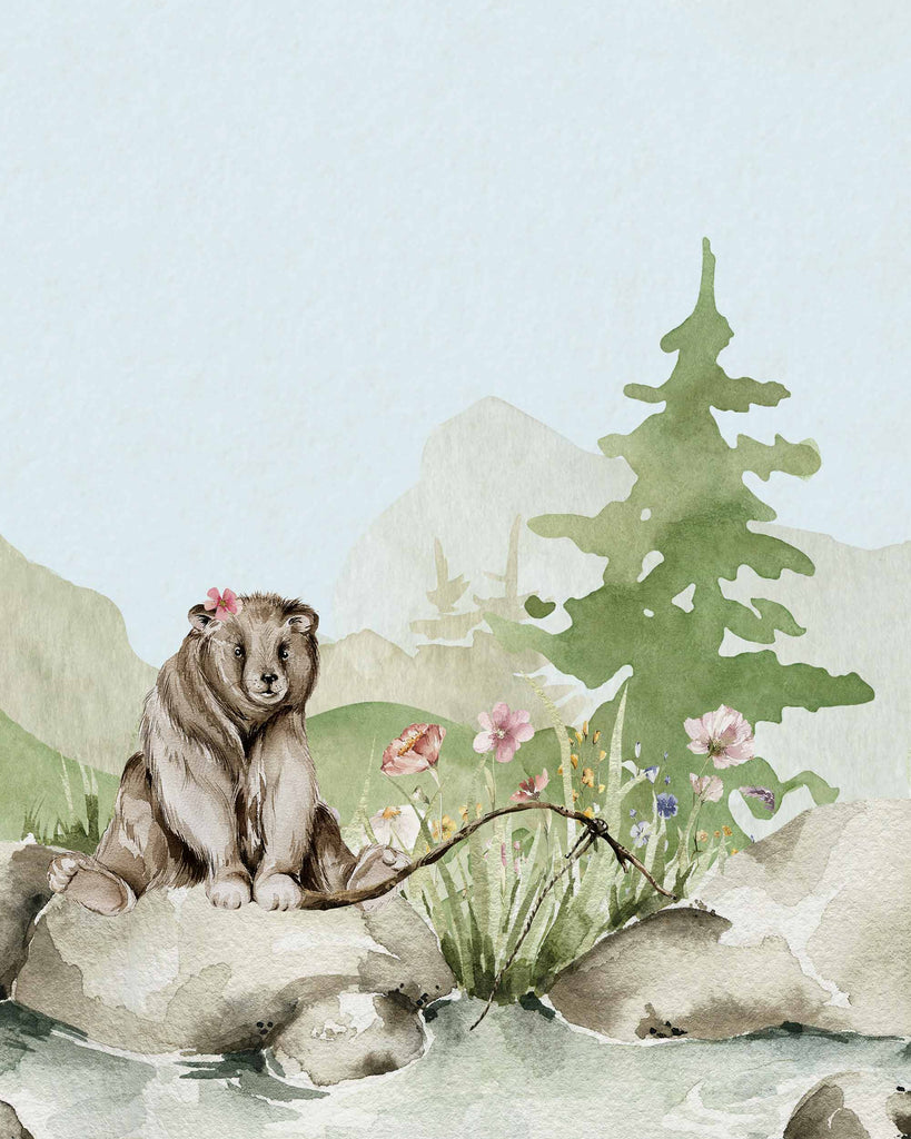 mama bear, bear with fishing pole, whimsical animal art, forest, woodland, animals, wildflowers