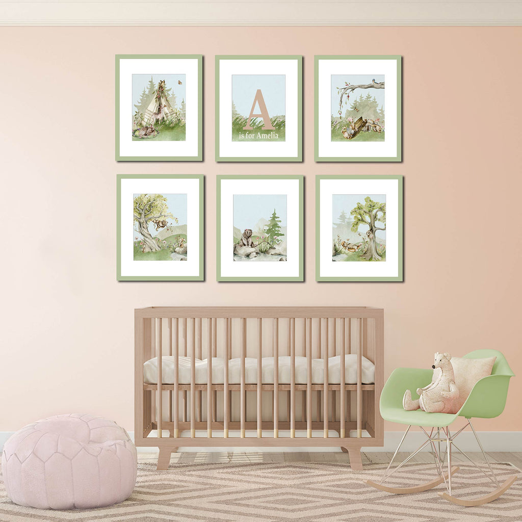peach and green nursery, personalized, woodland, animal, art for girls, baby girl nursery, art above crib, baby name art, initial art