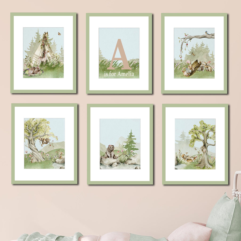 woodland, forest, mountain, art for girls, personalized, name, initial, whimsical, animal art