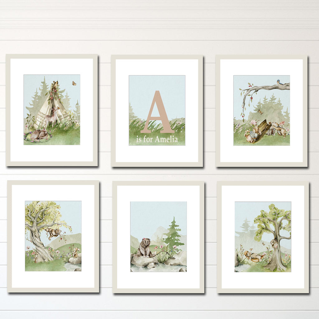 white shiplap, light blue, sage, green, peach, pink, color palette, cottagecore, nursery, little girl, room, bedroom, wall art, print set, personalized, baby, name, initial, whimsical, unique, woodland, forest, animals