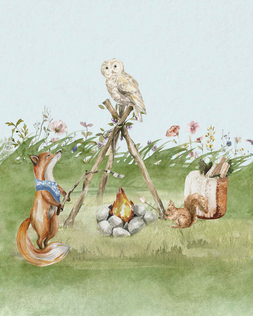 woodland, forest, animals, owl, fox, squirrel, camping, campfire, roasting marshmallows, wildflowers