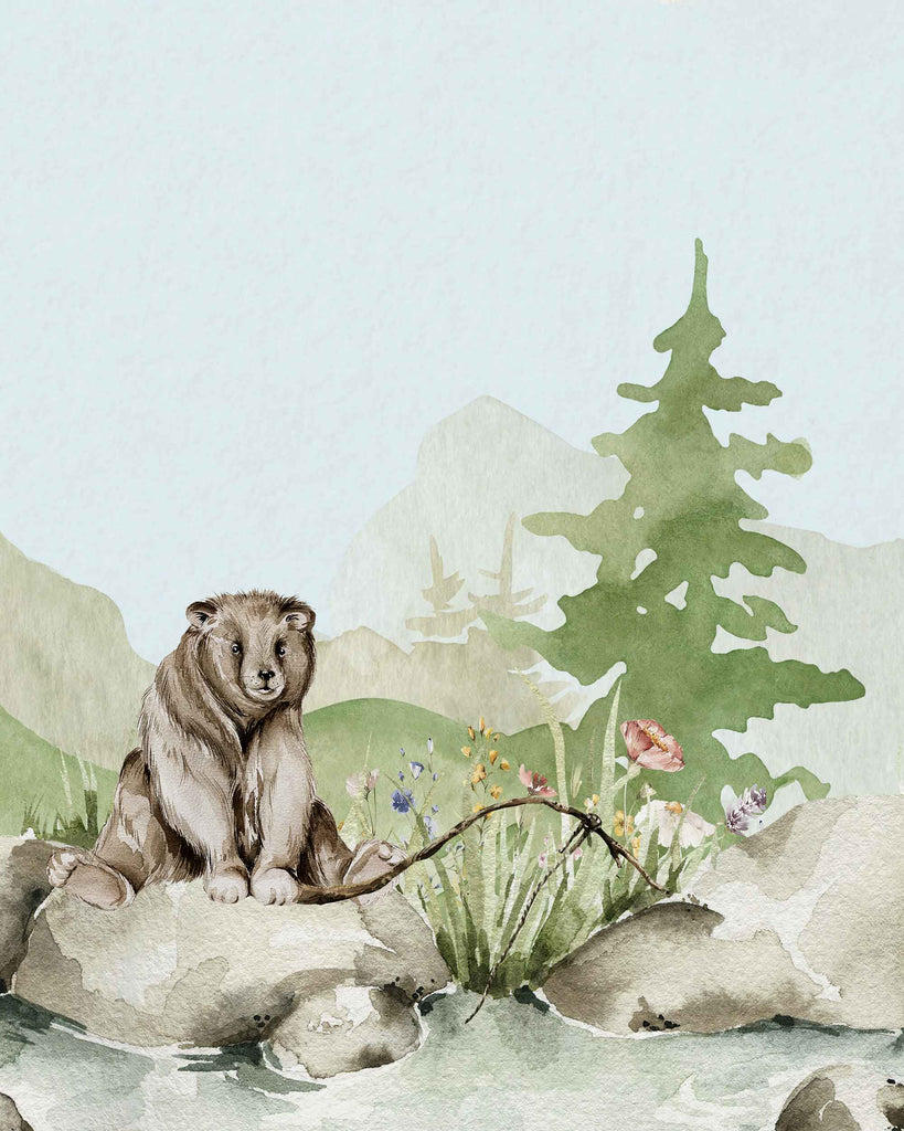 woodland, forest, mountain, camping, fishing, nature, bear, theme, nursery, bear with fishing pole