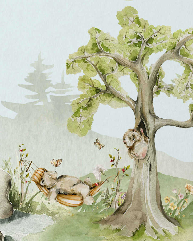 woodland, forest, mountain, animals, whimsical, bear, hedgehog, butterfly, butterflies, monarch, gender neutral nursery, art, bear in hammock, animals doing people things, animals human things