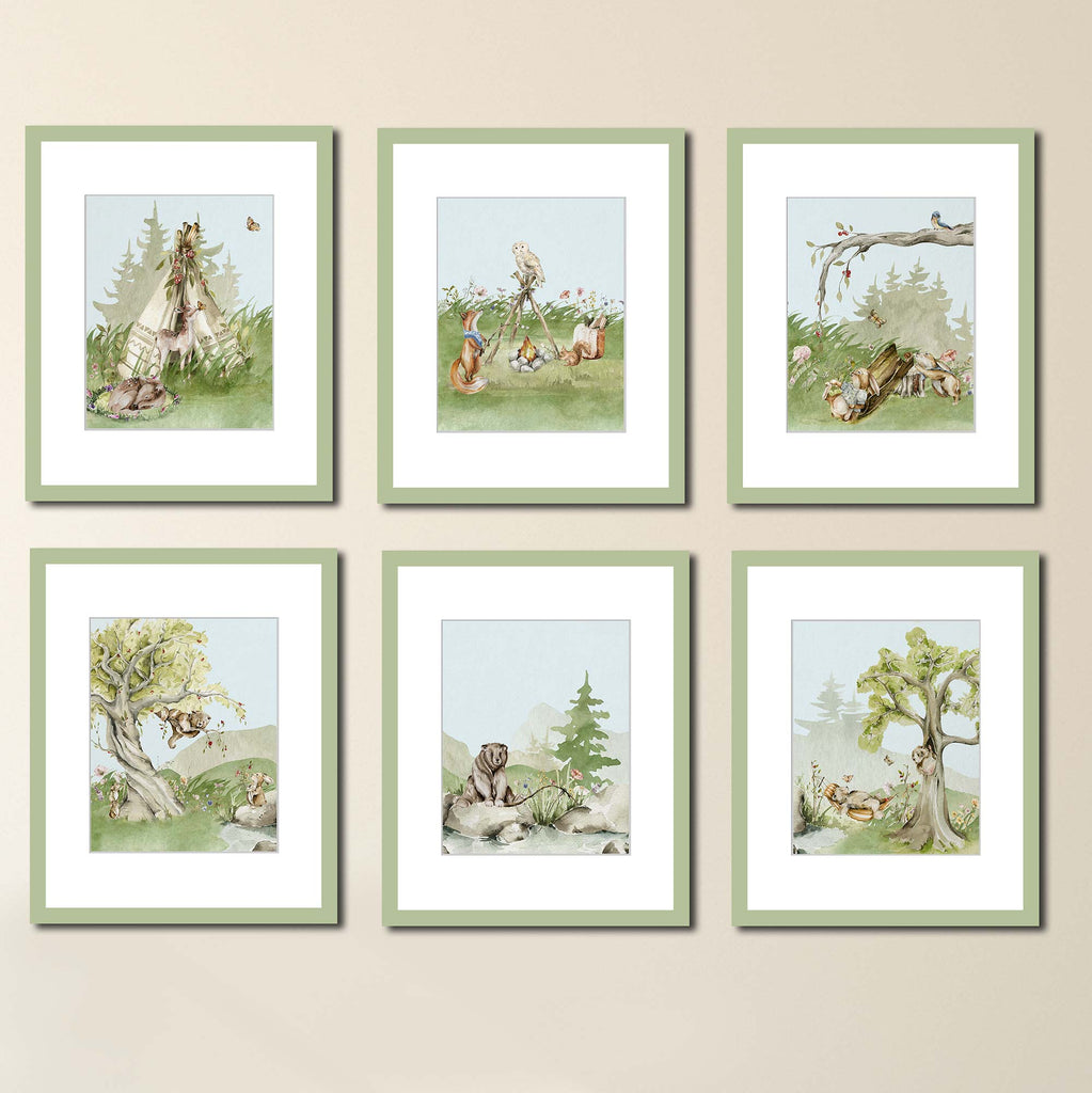 watercolor, print set, set of 6, woodland, forest, mountain, camping, campfire, fishing, theme,  animals, deer, fawn, butterflies, monarch, fox, owl, squirrel, bunnies, bunny, bear, mice, hedgehog, whimsical, unique, landscape