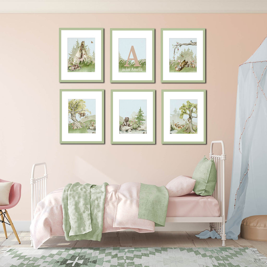 peach, coral, light, blue, sage, green, toddler, little girls room, wildflowers, woodland, forest, theme, personalized, name, art, print set, art, over, above, bed