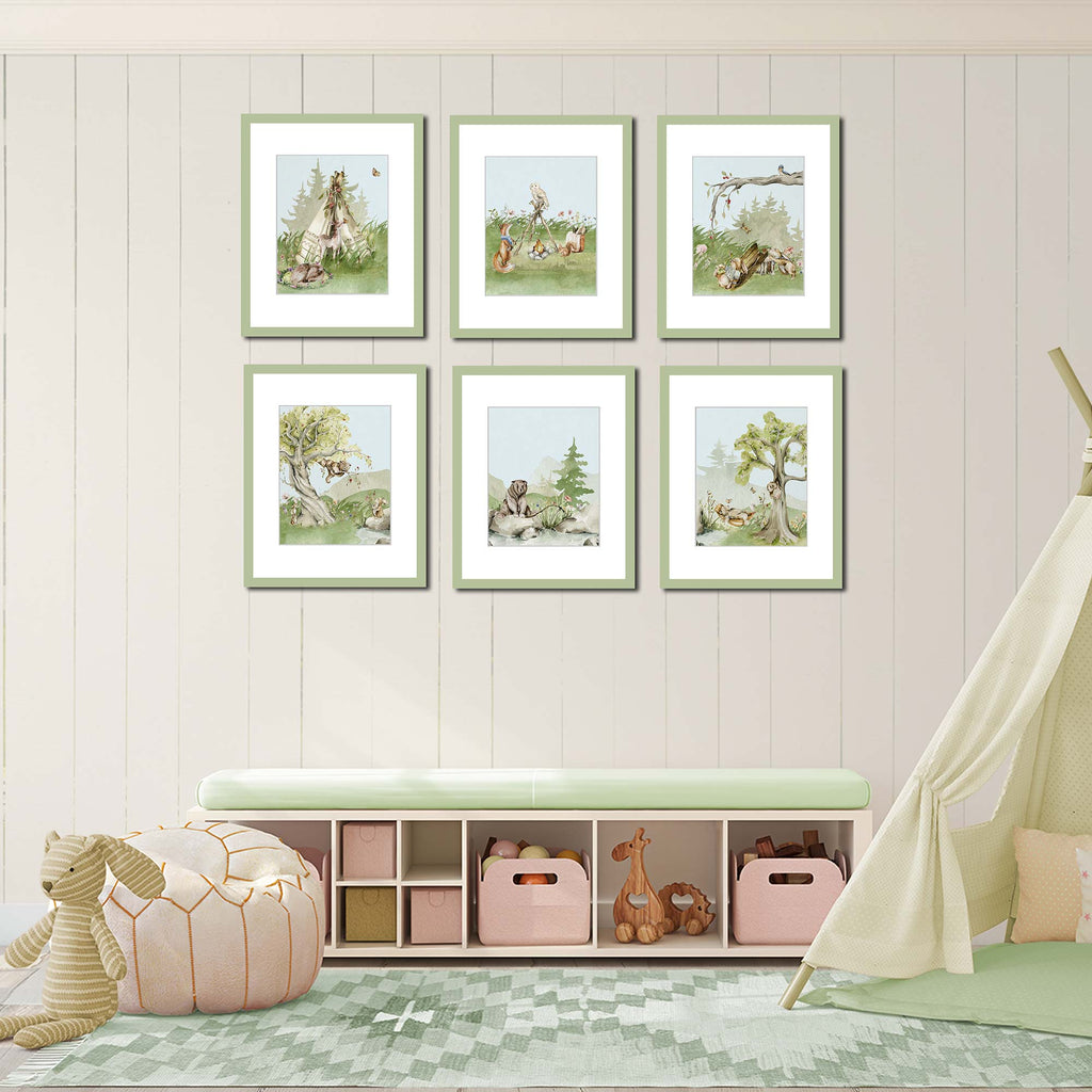woodland, mountain, forest, landscape, animals, watercolor, print set, set of 6, gender neutral, playroom, wall art, decor
