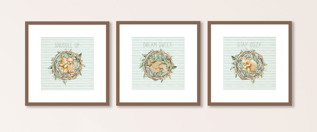 set of 3, square, watercolor, blue gray, slate gray, striped, wall art, print set, woodland, forest, animals, sleeping animals, bunny, bunnies, bear, fox, snuggle up, dream sweet, stay cozy, hygge, nursery, toddler, little boy, room design ideas