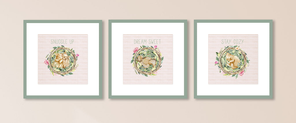woodland, forest, animals, sleeping animals, animals in nests, cozy, hygge, snuggle up, dream sweet, sweet dreams, stay cozy, floral, flower, wildflower, watercolor, set of 3, prints, whimsical, unique