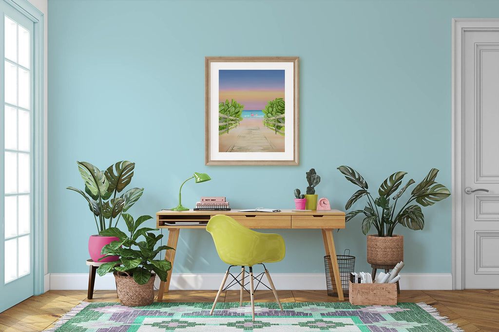 boho beach, home office, study space, teen bedroom, colorful, cheerful, happy, space, room, watercolor art, pink flamingo, flamingos walking on beach, sunset, aqua, turquoise, lime green, hot pink, color palette