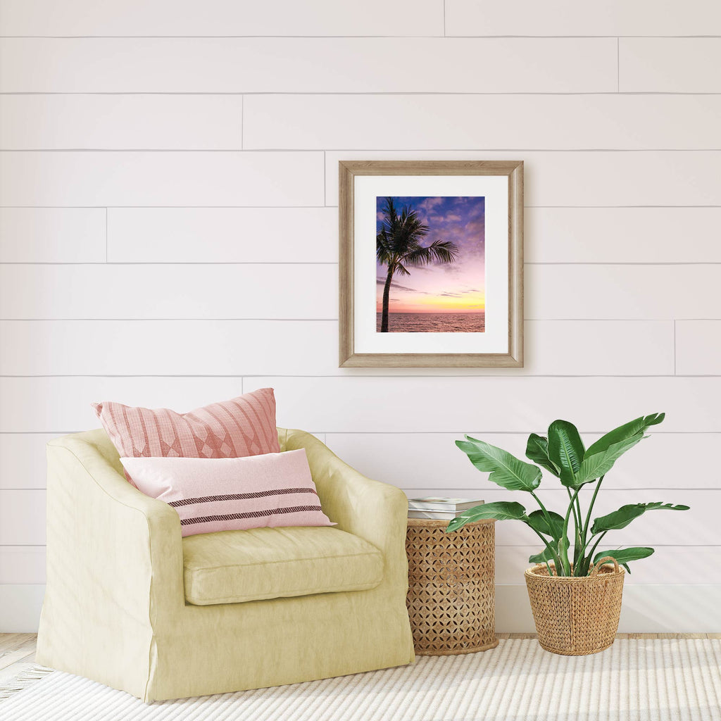 blue, pink, purple, peach, coral, sunset color palette, Puerto Vallarta, Mexico, sunset, palm tree,  photography, wall art, print, coastal, beach house, living room, bedroom