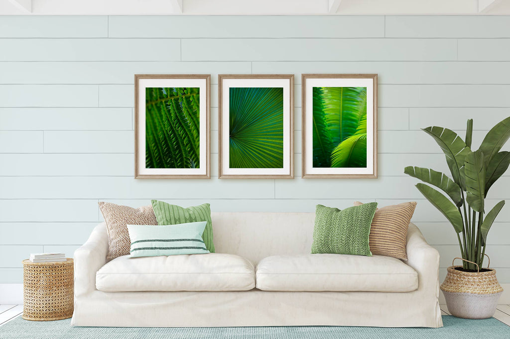 coastal living room, art print set, art over couch, art above sofa, green botanical art, tropical, beach house, decor, neutral with a pop of color, calming living room decor