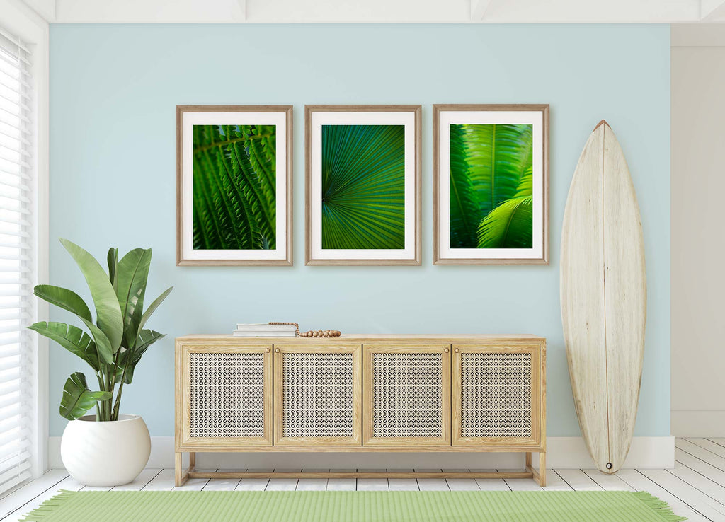 art over console table, set of 3, set of three, green art prints, botanical, tropical, art set, coastal, beach house, entry, entryway, foyer, living room, dining room, design ideas, pale blue walls, light blue walls, with tropical plants
