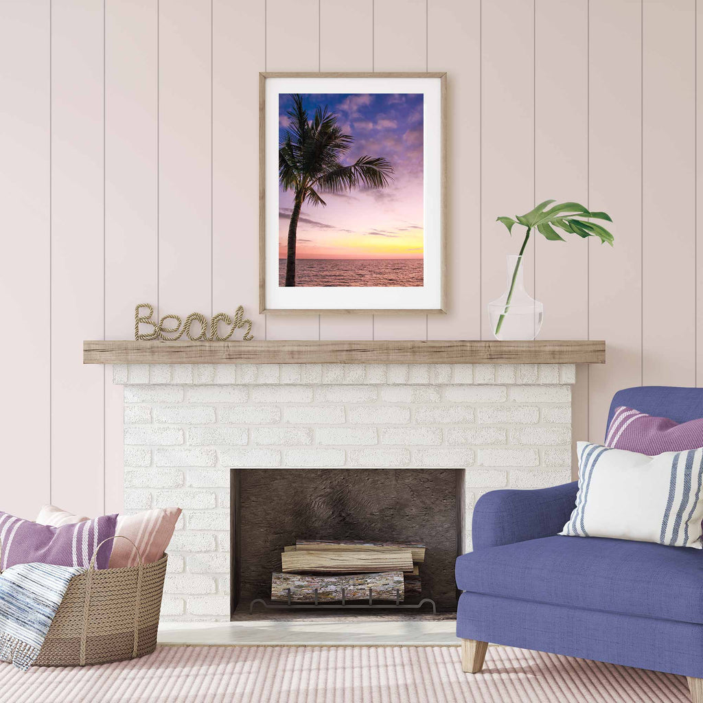 palm tree, sunset, beach, art, pastel, pink, purple, beach, coastal, style, fireplace, living room decor