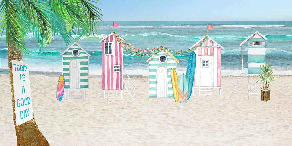 watercolor, mixed media, photography, happy art, today is a good day, tropical, beach, coastal, beach hut, surfboard