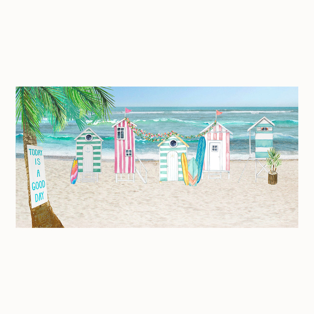 watercolor, beach, art, beach huts, surfboard, gift for surfer, gift for beach lover
