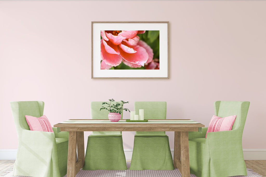 Sherwin Williams Demure pink walls, pink and green, color palette, dining room, spring decor, pink peony art, farmhouse style, pastel dining room