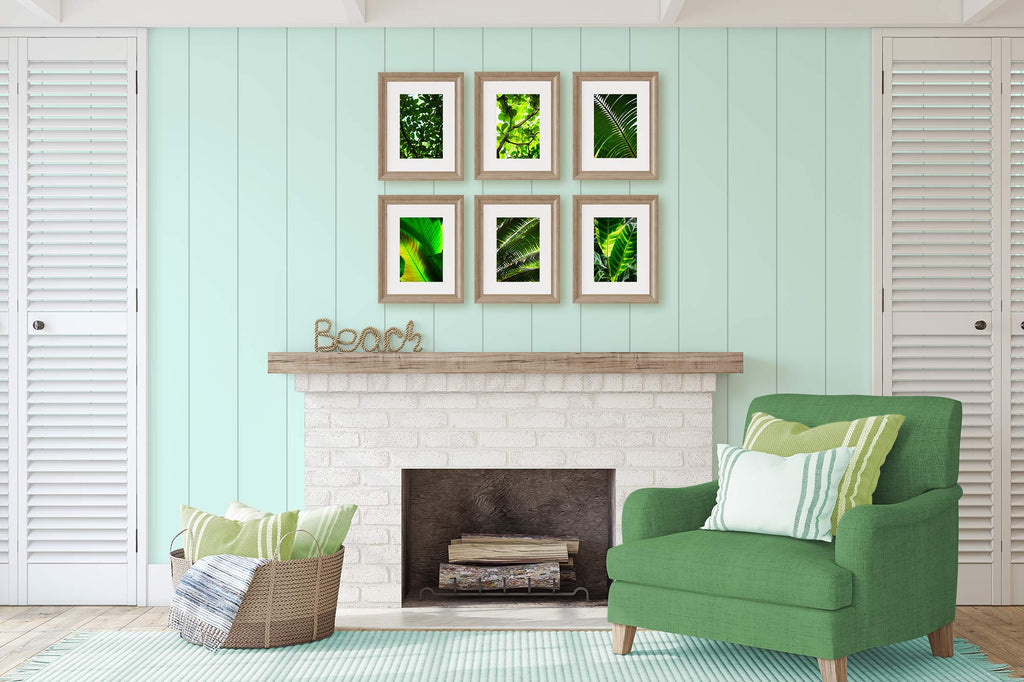 blue and green living room, aqua and green living room, coastal, beach, fireplace, mantle, decor ideas, botanical print set, tropical print set, green art set