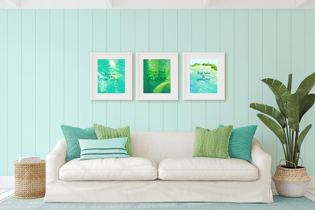 coastal style, beach house, living room, decor ideas, blue and green color palette, watercolor, art, set of 3, set of three, tropical, prints