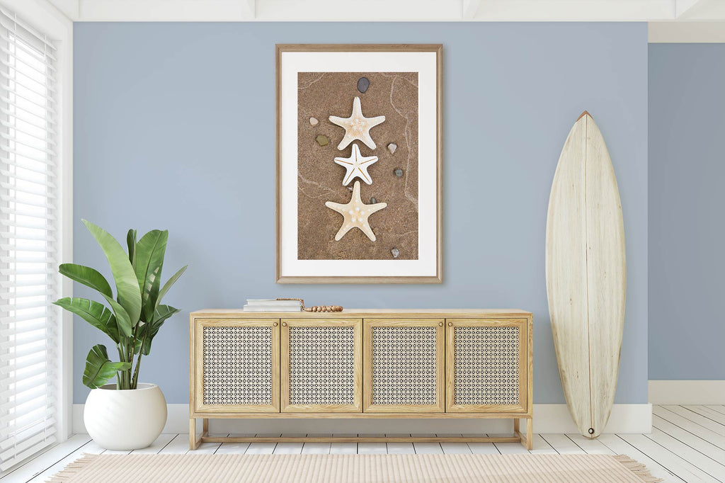 neutral and blue, coastal style, beach house, entry, entryway, foyer, mudroom, dining room, neutral and blue living rom, modern beach art, modern coastal art, starfish in the sand, art print