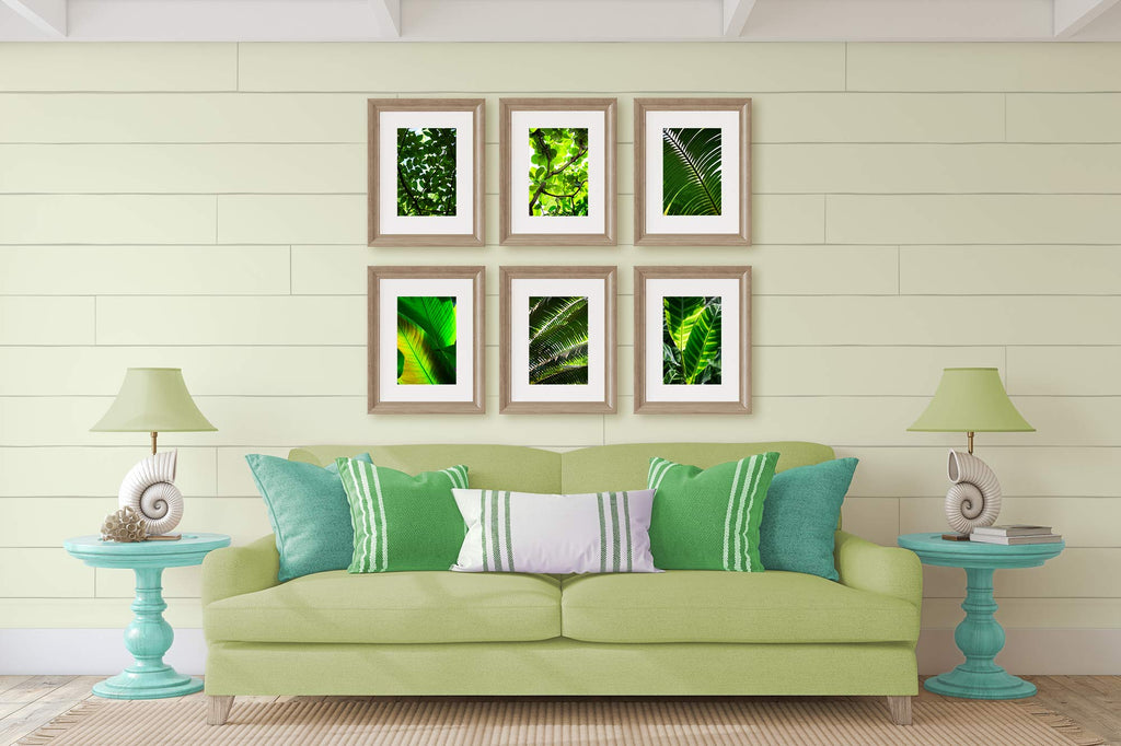 blue and green, coastal, beach, living room, neutral with a pop of color, tropical print set, botanical print set, gallery wall, decor ideas, 