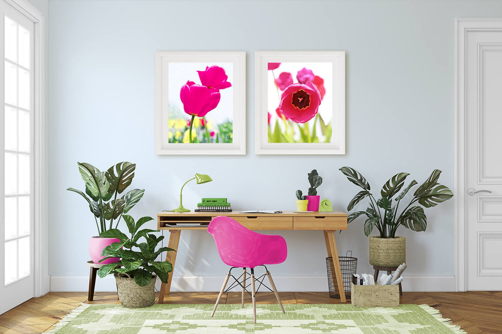 colorful home office decor, hot pink tulip art, spring office decor, pink and green office