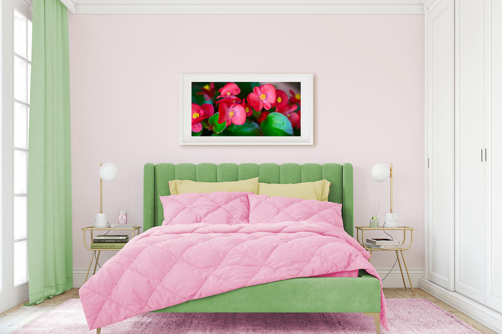pink and green bedroom, teen, tween, bedroom decor ideas, pastel, colorful, art over bed, tropical flower photography, hot pink, lime green, yellow, bright, happy, cheerful, decor