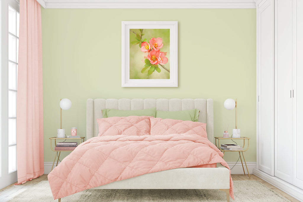 coral colored flower art, feminine bedroom decor, green and peach teen girl bedroom decor, Sherwin Williams Honeydew, teen girl bedroom art