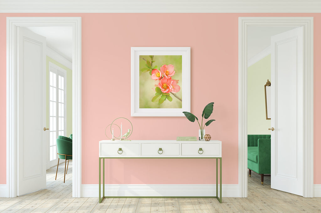 quince flower artwork, coral flower painting, coral and green living room, Sherwin Williams Jazz Age Coral walls, coral walls in entryway, 