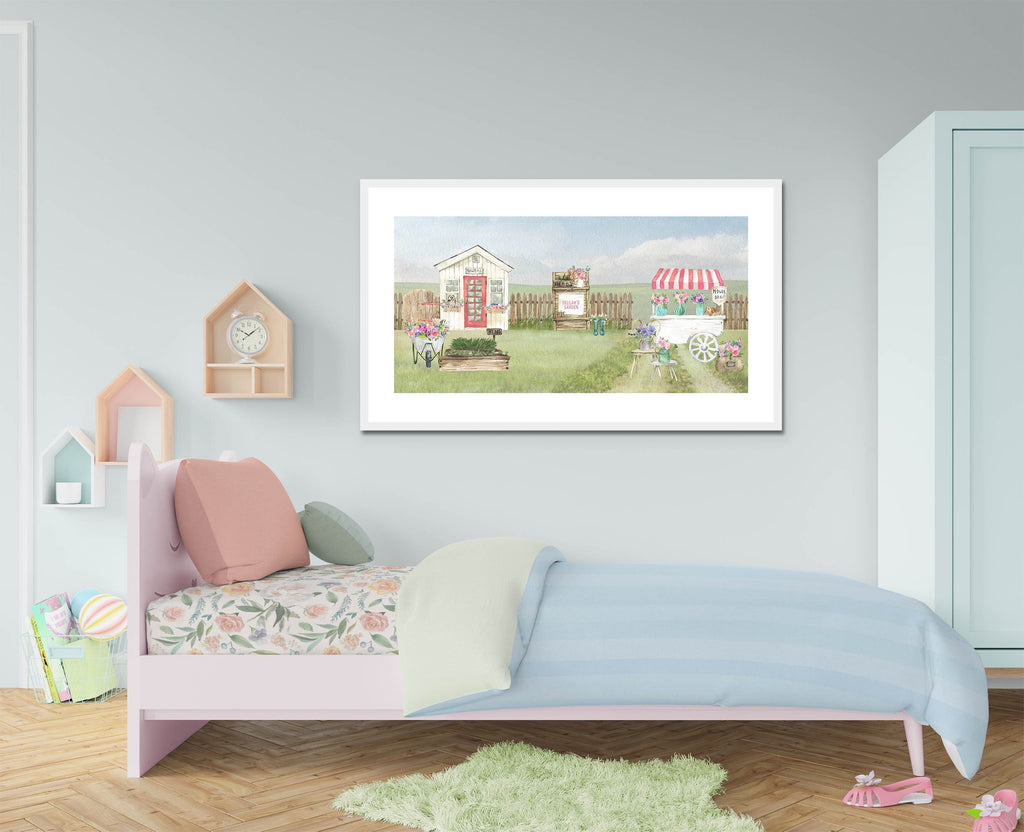 pastel, floral, cottagecore, toddler, little girl, room, bedroom, design ideas, decor ideas, whimsical art, blue gray walls, peach, pink, green, color palette