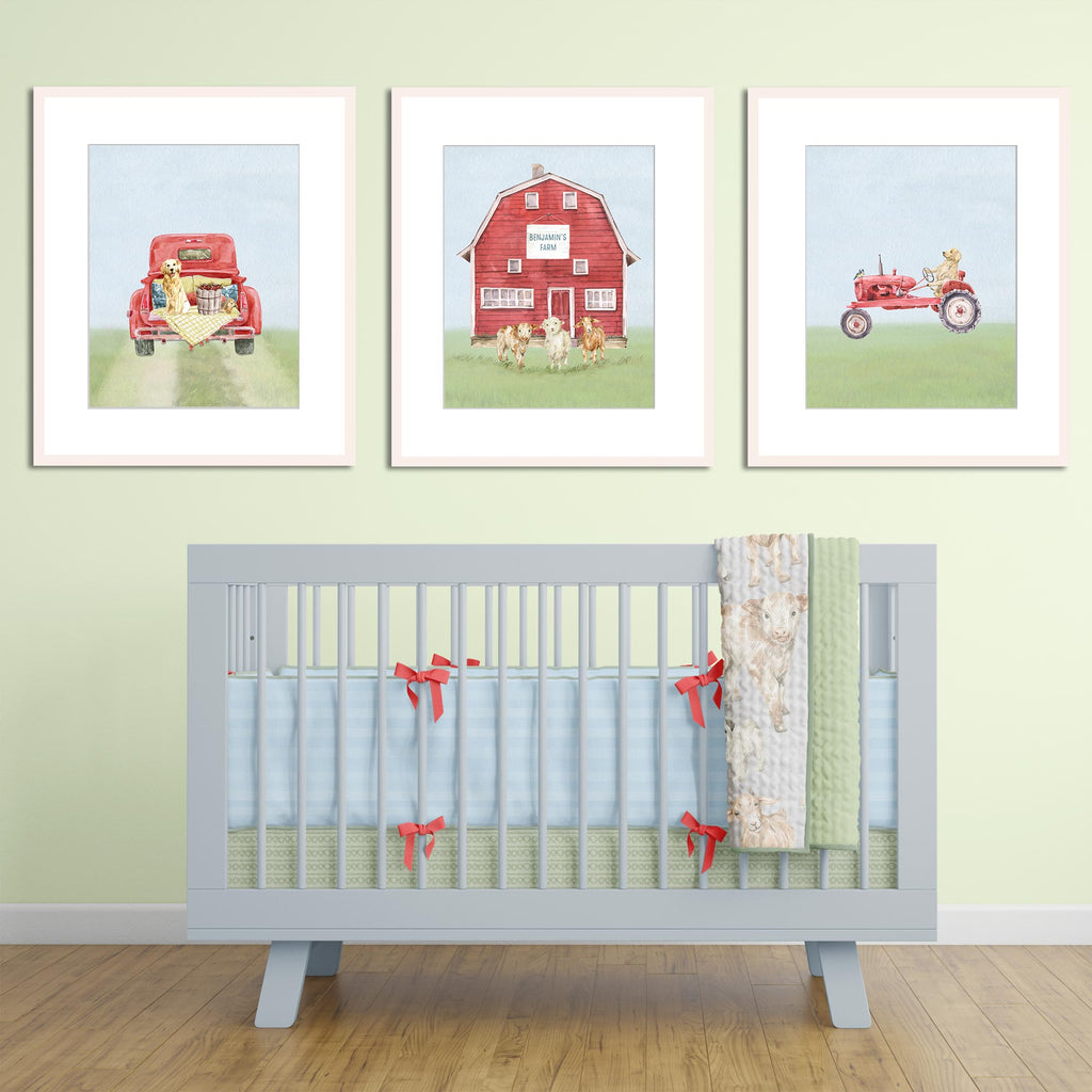 personalized, farm, print, set of 3, watercolor, baby, boy, nursery, red, light blue, light green, sage, art over crib