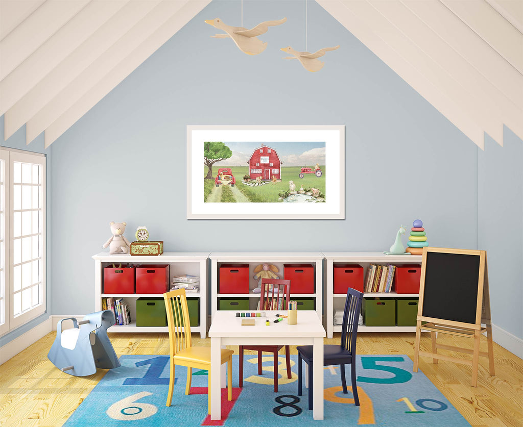 boy, playroom, bedroom, design ideas, toy storage ideas, low shelves, with bins, with baskets, blue, green, red, colorful, farm, farmhouse, art print