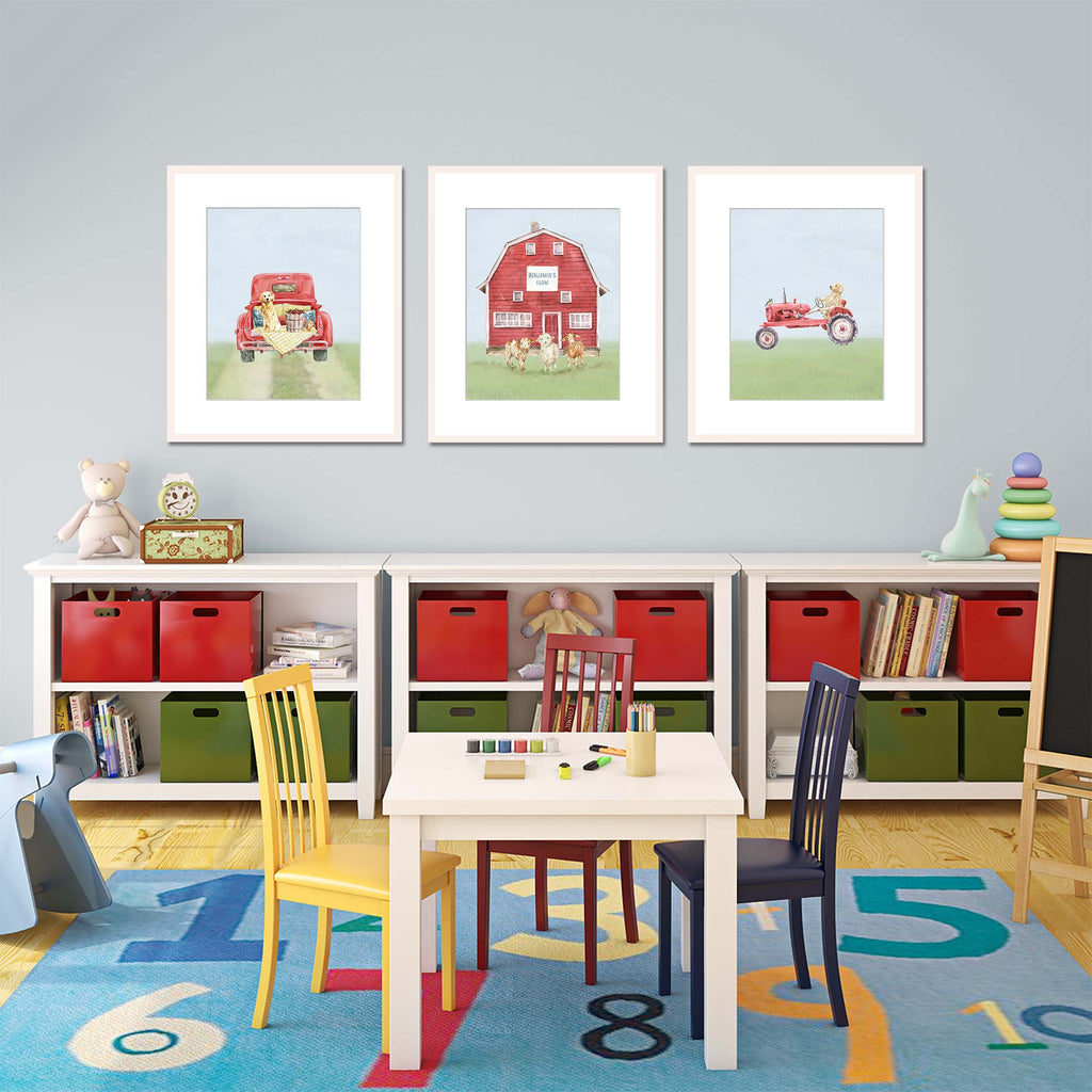 primary color, playroom, little boy, room, bedroom, design, decor, ideas, farm, toy storage, wall of shelves with bins, personalized farm art, name sign