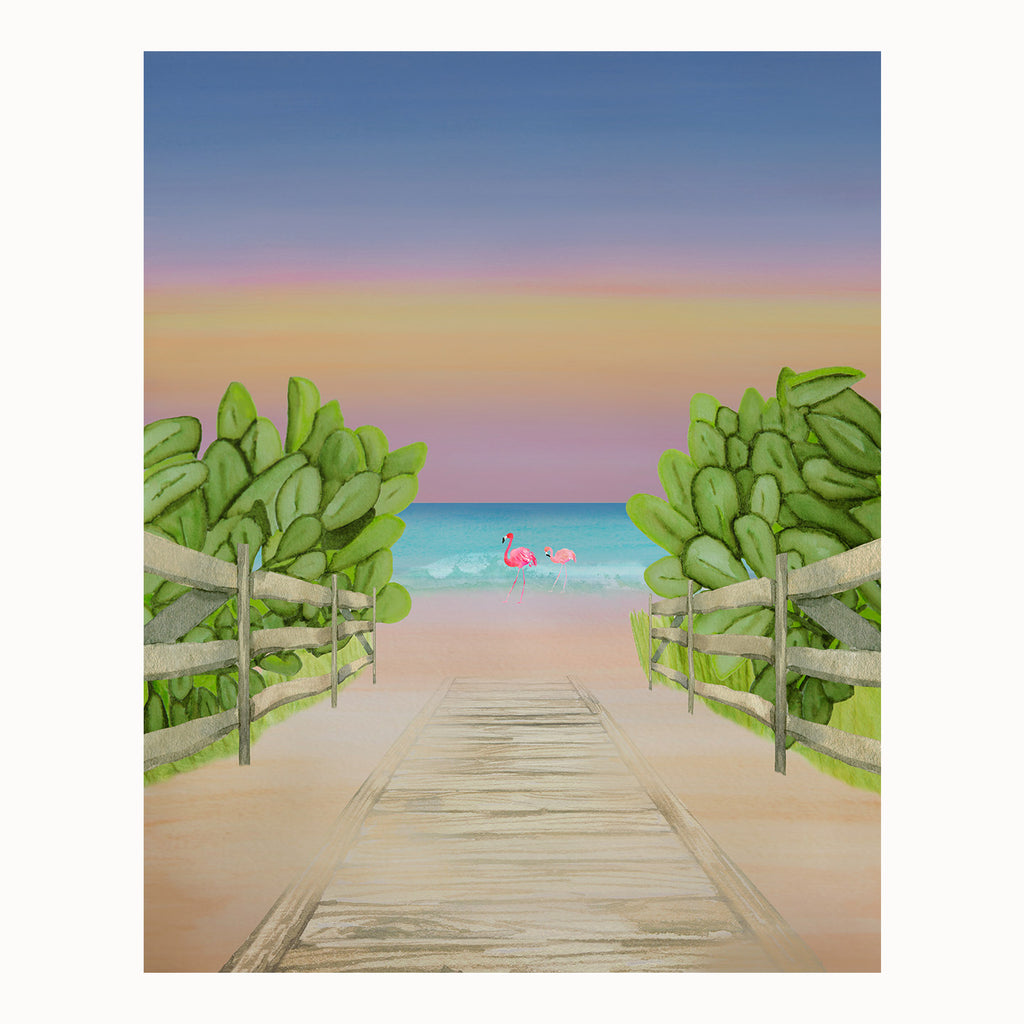 watercolor, sunset, beach, flamingo, Caribbean, island art, artwork, 